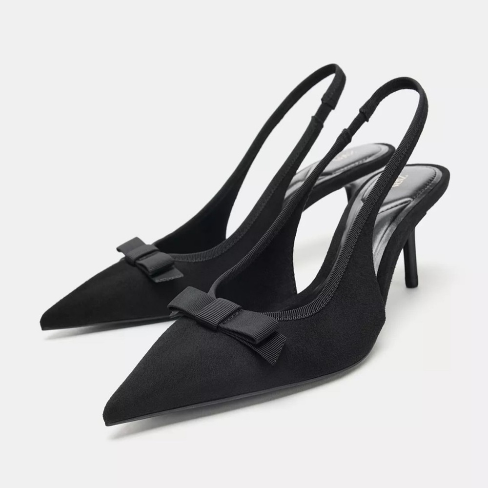 Zara New fabric Black Bow Slingback Pointed-Toe Heels